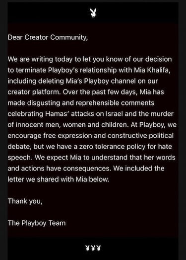 Playboy despide a una de sus estrellas por su posicionamiento en el conflicto de Israel y Palestina