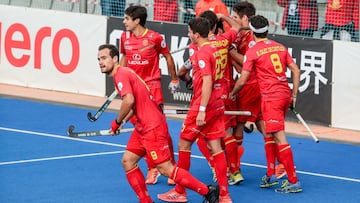 Los jugadores de la selecci&oacute;n espa&ntilde;ola de hockey celebran un gol durante un partido