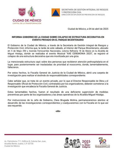 AXE Ceremonia 2025: Dos muertos por caída de estructura en Parque Bicentenario, confirma Protección Civil