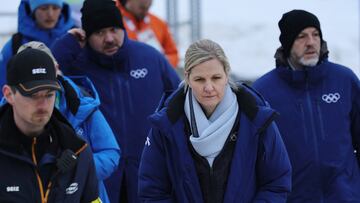 Milano Cortina 2026 Olympics - Skeleton - IOC President Kirsty Coventry meets skeleton racer Vladyslav Heraskevych of Ukraine - Cortina Sliding Centre, Cortina d'Ampezzo, Italy - February 12, 2026. IOC President Kirsty Coventry ahead of her scheduled meeting with skeleton racer Vladyslav Heraskevych of Ukraine regarding the potential disqualification after wearing a helmet in tribute to athletes who have died amid Russia's attack on Ukraine REUTERS/Athit Perawongmetha