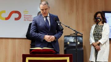 Jos&eacute; Manuel Franco, en su discurso de toma de posesi&oacute;n como presidente del Consejo Superior de Deportes en presencia de su predecesora Irene Lozano.