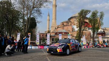 Finland's former Formula One world champion Kimi Raikkonen and co-pilot Kaj Lindstrom drive their Citroen C4 Junior Team on April 15, 2010 during the official opening ceremony of the World Rally Championship (WRC) 2010 Turkey, in front of St. Sophia museum in Istanbul. AFP PHOTO / MUSTAFA OZER