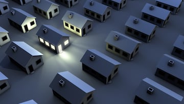 "housing estate in the night, just one house with light"