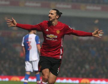 Zlatan Ibrahimovic of Manchester United celebrates scoring their second goal during the Emirates FA Cup Fifth Round match.