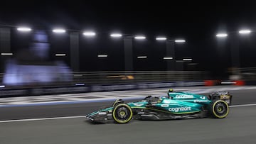 Aston Martin's Spanish driver Fernando Alonso drives during the second practice session ahead of the 2023 Saudi Arabia Formula One Grand Prix at the Jeddah Corniche Circuit in Jeddah on March 17, 2023. (Photo by Giuseppe CACACE / AFP)