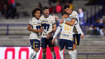 Guillermo Martinez celebrates his goal 1-0 with Ignacio Pussetto and Leonardo Suarez of Pumas during the 16th round match between Pumas UNAM and Santos as part of the Liga BBVA MX, Torneo Clausura 2025 at Olimpico Universitario Stadium, on April 16, 2025 in Mexico City, Mexico.