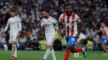 MADRID, 10/04/2026.- El centrocampista del Girona Thomas Lemar celebra el gol conseguido ante el Real madrid durante el partido de la jornada 31 de LaLiga EA Sports que disputan Real Madrid y Girona FC este viernes, en el estadio Santiago Bernabéu. EFE/ Juanjo Martín