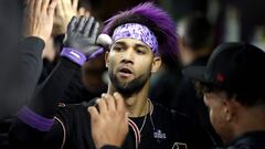 PHOENIX, ARIZONA - OCTOBER 31: Lourdes Gurriel Jr. #12 of the Arizona Diamondbacks celebrates with teammates after hitting a home run in the eighth inning against the Texas Rangers during Game Four of the World Series at Chase Field on October 31, 2023 in Phoenix, Arizona.   Harry How/Getty Images/AFP (Photo by Harry How / GETTY IMAGES NORTH AMERICA / Getty Images via AFP)