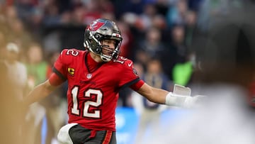 MUNICH, GERMANY - NOVEMBER 13: Tom Brady of Tampa Bay Buccaneers looks on and gestures during the NFL match between Seattle Seahawks and Tampa Bay Buccaneers at Allianz Arena on November 13, 2022 in Munich, Germany. (Photo by Roland Krivec/DeFodi Images via Getty Images)