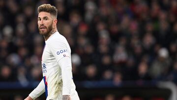 Paris Saint-Germain's Spanish defender Sergio Ramos looks on during the UEFA Champions League round of 16, 2nd-leg football match FC Bayern Munich v Paris Saint-Germain FC in Munich, southern Germany, on March 8, 2023. (Photo by CHRISTOF STACHE / AFP)