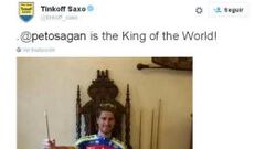Uno de los tuits que el equipo Tinkoff-Saxo le ha dedicado a Peter Sagan tras proclamarse campe&oacute;n del mundo.