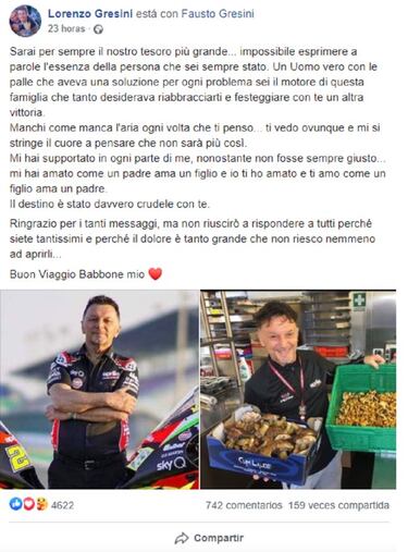 La emotiva despedida a Gresini de su hijo Lorenzo