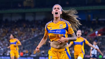 Jheniffer Da Silva celebrates her goal 0-1 of Tigres during the Quarter-Finals first second match between Monterrey and Tigres UANL as part of the Torneo Clausura 2025, Liga MX Femenil at BBVA Bancomer Stadium on April 28, 2025 in Monterrey, Nuevo Leon, Mexico.