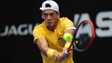 AUCKLAND, NEW ZEALAND - JANUARY 10: Sebastian Baez of Argentina plays a shotin his match against Ben Shelton of USA during day two of the 2023 ASB Classic Men's at the ASB Tennis Arena on January 10, 2023 in Auckland, New Zealand. (Photo by Fiona Goodall/Getty Images)
