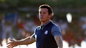 Rory McIlroy of Europe celebrates after putting on the 16th green to win the match during afternoon fourball matches of the 2016 Ryder Cup at Hazeltine National Golf Club on September 30, 2016 in Chaska, Minnesota. (Photo by Scott Halleran/PGA of America 