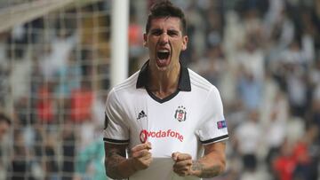 Besiktas' defender Enzo Roco celebrates after scoring against Sarpsborg during the Europa League Group I soccer match between Besiktas and Sarpsborg in Istanbul, Thursday, Sept. 20, 2018. (AP Photo)