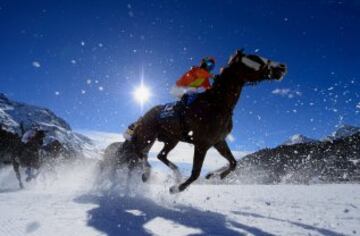 El jinete Freddy Di Fede durante la 'White Turf', g¨¦lida carrera sobre la nieve en St. Moritz, Suiza.