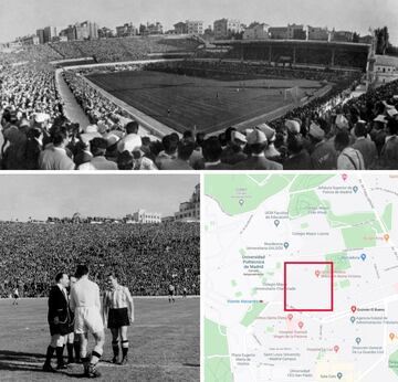 Las cosas del destino hicieron que el Real Madrid jugase la temporada de 1946-1947 y cinco partidos de la temporada siguiente en el estadio del eterno rival de la capital. El Atlético Aviación (actual Atlético de Madrid) tuvo que compartir su estadio. El club adquirió en 1944 más terrenos colindantes al estadio de Chamartín con la intención de hacer un nuevo estadio con más capacidad (el actual Santiago Bernabéu). En la imagen, una panorámica del estadio rojiblanco y una instantánea de un partido entre ambos equipos, y el mapa de dónde estaría en la actualidad el antiguo Metropolitano.