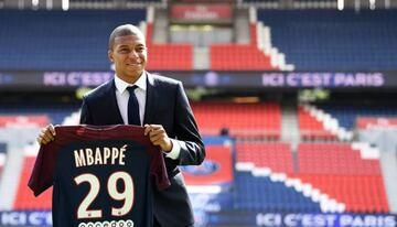 Paris Saint-Germain's new forward Kylian Mbappe holds his jersey during his presentation at the Parc des Princes stadium in Paris on September 6, 2017.