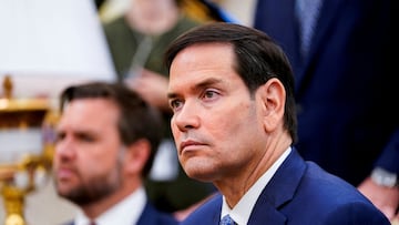 FILE PHOTO: U.S. Secretary of State Marco Rubio takes part in a meeting between President Donald Trump and NATO Secretary General Mark Rutte in the Oval Office at the White House in Washington, D.C., U.S., July 14, 2025. REUTERS/Nathan Howard/File Photo
