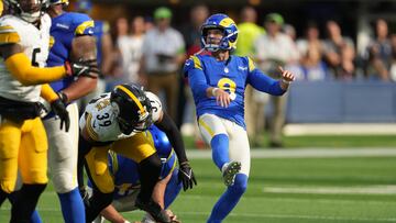 Oct 22, 2023; Inglewood, California, USA; Los Angeles Rams place kicker Brett Maher (8) reacts after a missed field goal in the second half against the Pittsburgh Steelers at SoFi Stadium. Mandatory Credit: Kirby Lee-USA TODAY Sports