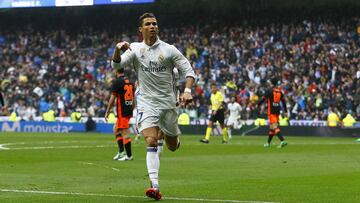 Cristiano Ronaldo, celebrando su gol al Valencia en el Bernab&eacute;u.