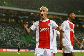 Antony, then of Ajax, celebrates celebrates a goal scored by Sebastien Haller.