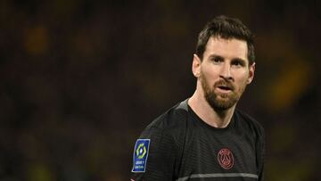 Paris Saint-Germain&#039;s Argentinian forward Lionel Messi looks on during the French L1 football match between FC Nantes and Paris-Saint Germain (PSG) at the Stade de la Beaujoirex96Louis Fonteneau, western France, on February 19, 2022. (Photo by LOIC V