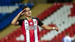 Rafael Santos Borr&eacute; celebra el quinto gol de River Plate contra Godoy Cruz en el partido de la Copa de la Liga Profesional 2021 en el Estadio Malvinas Argentinas.