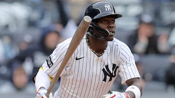 Mar 30, 2025; Bronx, New York, USA; New York Yankees second baseman Jazz Chisholm Jr. (13) watches his two run home run against the Milwaukee Brewers during the third inning at Yankee Stadium. Mandatory Credit: Brad Penner-Imagn Images
