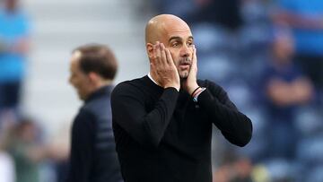 PORTO, PORTUGAL - MAY 29: Pep Guardiola, Manager of Manchester City reacts during the UEFA Champions League Final between Manchester City and Chelsea FC at Estadio do Dragao on May 29, 2021 in Porto, Portugal. (Photo by Carl Recine - Pool/Getty Images)