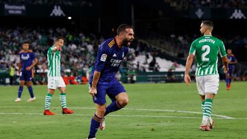 Soccer Football - LaLiga - Real Betis v Real Madrid - Estadio Benito Villamarin, Seville, Spain - August 28, 2021 Real Madrid's Daniel Carvajal celebrates scoring their first goal REUTERS/Marcelo Del Pozo