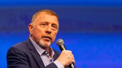 23 March 2023, Baden-Württemberg, Rust: Boris Becker talks with sports journalist Masefield (not pictured) on stage at the Internet industry conference "Cloudfest" . Becker talks about his life in a "fireside chat" at the meeting of cloud and hosting industry leaders. Photo: Philipp von Ditfurth/dpa (Photo by Philipp von Ditfurth/picture alliance via Getty Images)