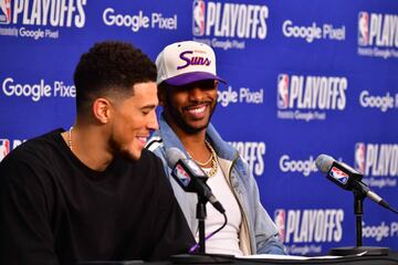 Devin Booker #1 and Chris Paul #3 of the Phoenix Suns