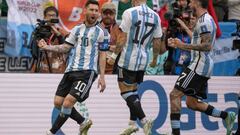 LUSAIL CITY, QATAR - NOVEMBER 22: Lionel Messi of Argentina celebrates after scoring the opening goal during the FIFA World Cup Qatar 2022 Group C match between Argentina and Saudi Arabia at Lusail Stadium on November 22, 2022 in Lusail City, Qatar. (Photo by Lionel Hahn/Getty Images)