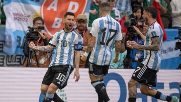 LUSAIL CITY, QATAR - NOVEMBER 22: Lionel Messi of Argentina celebrates after scoring the opening goal during the FIFA World Cup Qatar 2022 Group C match between Argentina and Saudi Arabia at Lusail Stadium on November 22, 2022 in Lusail City, Qatar. (Photo by Lionel Hahn/Getty Images)