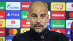 UEFA Champions League - FC Shakhtar Donetsk vs Manchester City
 
 18 September 2019, Ukraine, Kharkiv: Manchester City manager Josep Guardiola attends a press conference after the UEFA Champions League group C soccer match between FC Shakhtar Donetsk and 