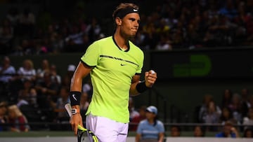 Rafael Nadal celebra un punto ante Jack Sock durante el partido de cuartos de final del Masters 1.000 de Miami.