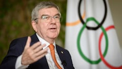 IOC President Thomas Bach speaks during an interview with AFP ahead of the Paris 2024 Olympic Games at the IOC headquarters in Lausanne on April 26, 2024. (Photo by GABRIEL MONNET / AFP)