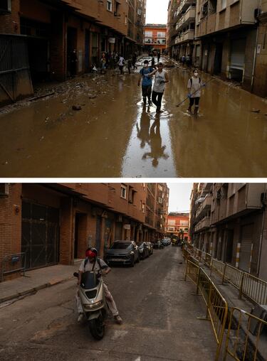 Imagen superior: Voluntarios caminan por el barro en una calle del municipio de Massanassa. Imagen inferior: la misma calle en la actualidad. 