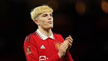 Manchester United's Alejandro Garnacho applauds the fans after the Emirates FA Cup fifth round match at Old Trafford, Manchester. Picture date: Wednesday March 1, 2023. (Photo by Martin Rickett/PA Images via Getty Images)