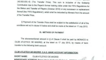 Extracto del contrato de la transferencia de Falcao del Atl&eacute;tico al M&oacute;naco.