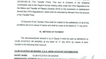 Extracto del contrato de la transferencia de Falcao del Atlético al Mónaco.