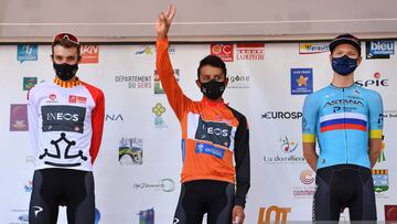 ROCAMADOUR, FRANCE - AUGUST 04: Podium / Pavel Sivakov of Russia and Team Ineos Occitanie Jersey / Egan Bernal of Colombia and Team Ineos Orange Leader Jersey / Aleksandr Vlasov of Russia and Astana Pro Team / Celebration / during the 44th La Route d&#039;Occitanie - La Depeche du Midi 2020, Stage 4 a 195km stage from Lectoure to Rocamadour-Cauvaldor-Lot 295m / @RouteOccitanie / #RDO2020 / on August 04, 2020 in Rocamadour, France. (Photo by Justin Setterfield/Getty Images)