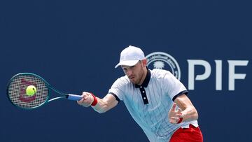 Mar 26, 2024; Miami Gardens, FL, USA; Nicolas Jarry (CHI) hits a forehand against Casper Ruud (NOR) (not pictured) on day nine of the Miami Open at Hard Rock Stadium. Mandatory Credit: Geoff Burke-USA TODAY Sports