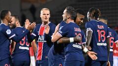 Paris Saint-Germain&#039;s Spanish midfielder Pablo Sarabia celebrates after scoring a goal with Paris Saint-Germain&#039;s French defender Presnel Kimpembe during the French L1 football match between Nimes (NO) and Paris Saint Germain (PSG) at the Costie