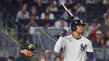 Jun 5, 2024; Bronx, New York, USA; New York Yankees right fielder Juan Soto (22) reacts after striking out during the eighth inning against the Minnesota Twins at Yankee Stadium. Mandatory Credit: Vincent Carchietta-USA TODAY Sports