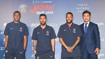 TOKYO, JAPAN - JULY 17: (R-L) Kazuyoshi Miura, Neymar Jr, Lionel Messi and Kylian Mbappe attend the Paris Saint-Germain Japan Tour Press Conference at Shinagawa Prince Hotel on July 17, 2022 in Tokyo, Japan. (Photo by Jun Sato/WireImage)