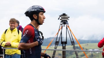 27 August 2022, Baden-Wuerttemberg, Oberried: Egan Bernal of Team Ineos Grenadiers rides through the finish area on the Schauinsland. Bernal had been seriously injured in a training accident in the spring. The 3rd stage of the Tour of Germany leads from Freiburg through the Breisgau and the Markgräfler Land to the Schauinsland. Photo: Philipp von Ditfurth/dpa (Photo by Philipp von Ditfurth/picture alliance via Getty Images)