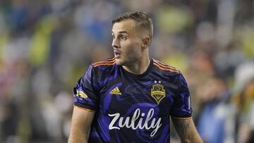 Seattle Sounders forward Jordan Morris looks toward the goal after he was subbed in during the second half of an MLS soccer match against the Los Angeles Galaxy, Monday, Nov. 1, 2021, in Seattle after being out since suffering a knee injury eight months ago. The match ended in a 1-1 tie. (AP Photo/Ted S. Warren)